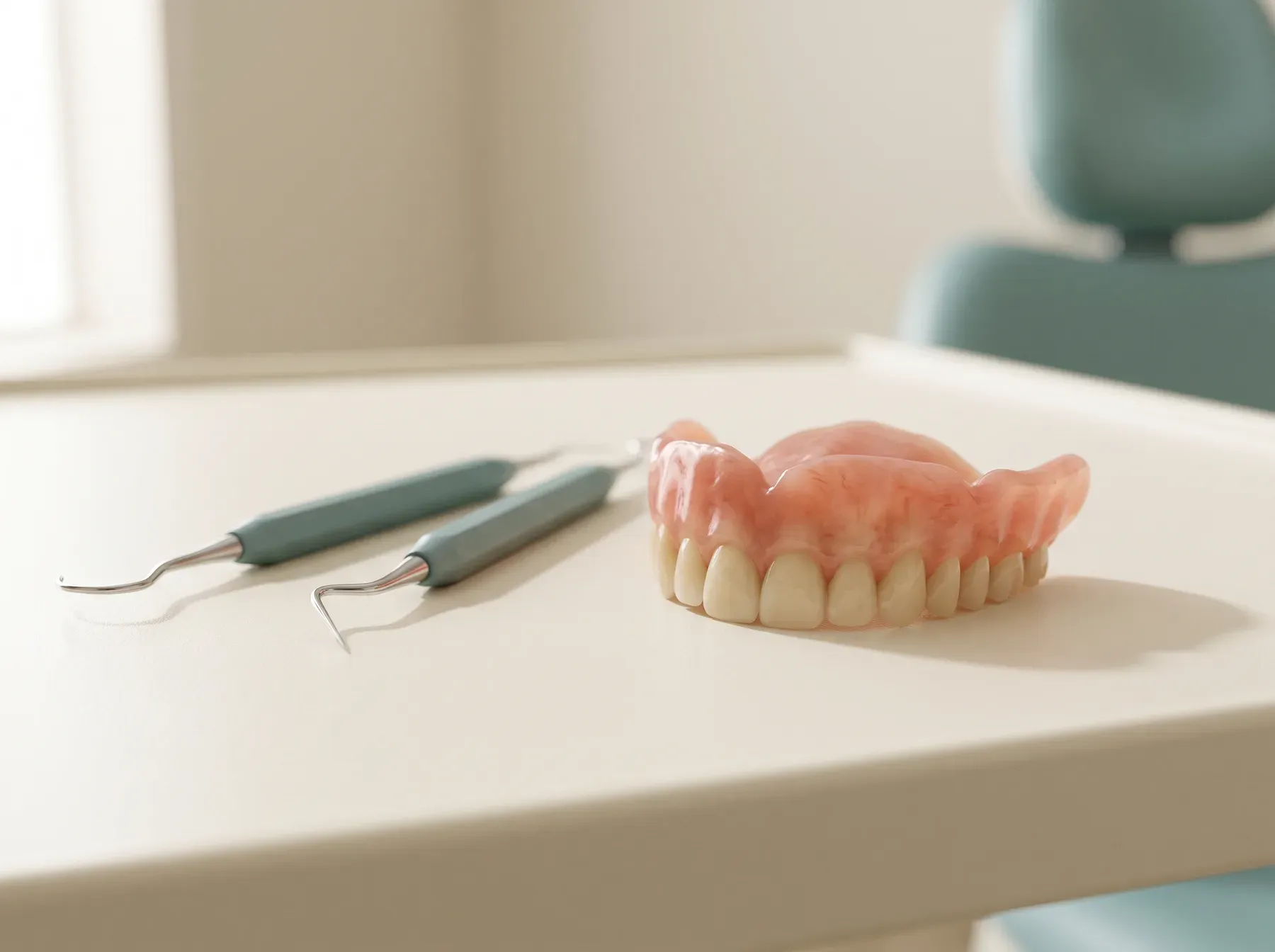 A complete upper denture on a clean laboratory surface next to two dental instruments.
