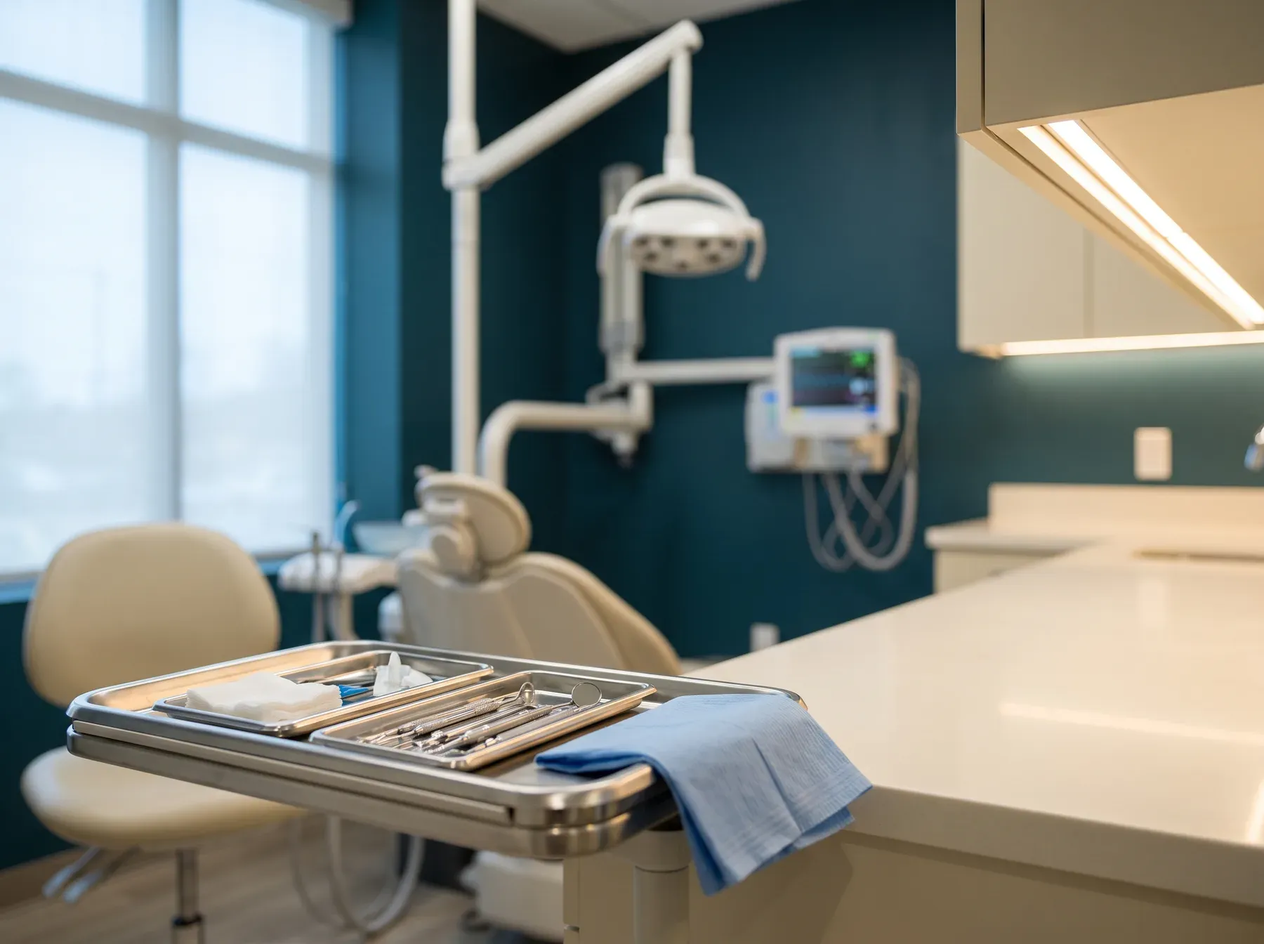 A sterile instrument tray in a modern oral surgery operatory, with the surgical light and vitals monitor behind it.